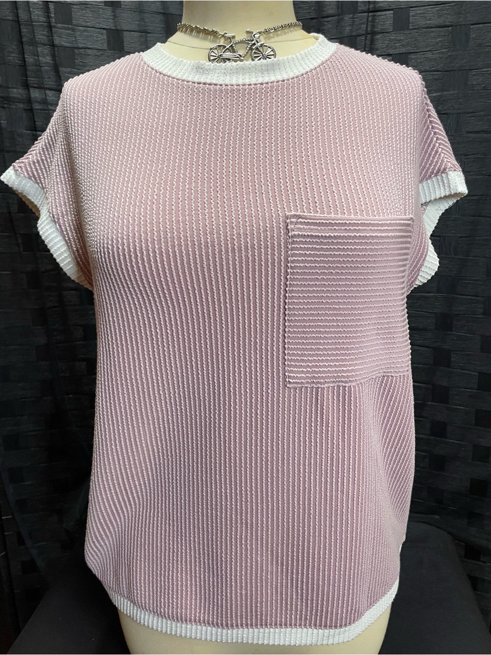 Classic Pink Ribbed Knit Top with Contrast Trim